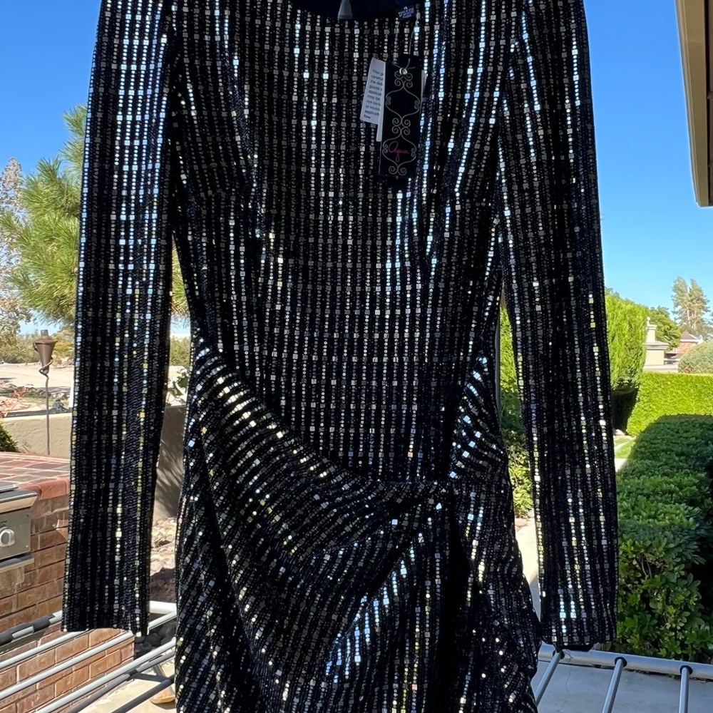 Aqua Black Sequin Long Sleeve Dress